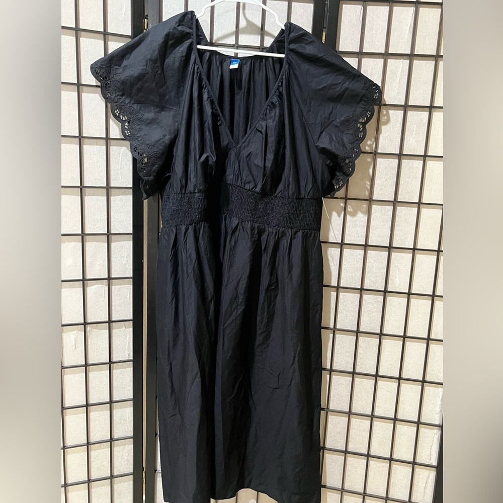 OLD NAVY WAIST DEFINED SMOCK WAIST POPLIN MIDI DRESS Black DEEP V- NECK SIZE XXL